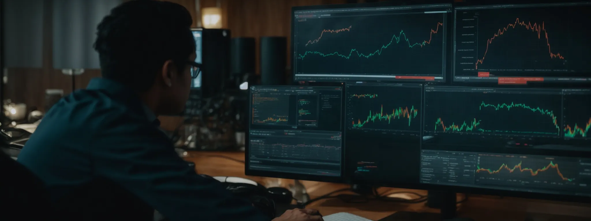 a marketer analyzing a detailed analytics dashboard on a computer screen, reflecting website performance metrics. 