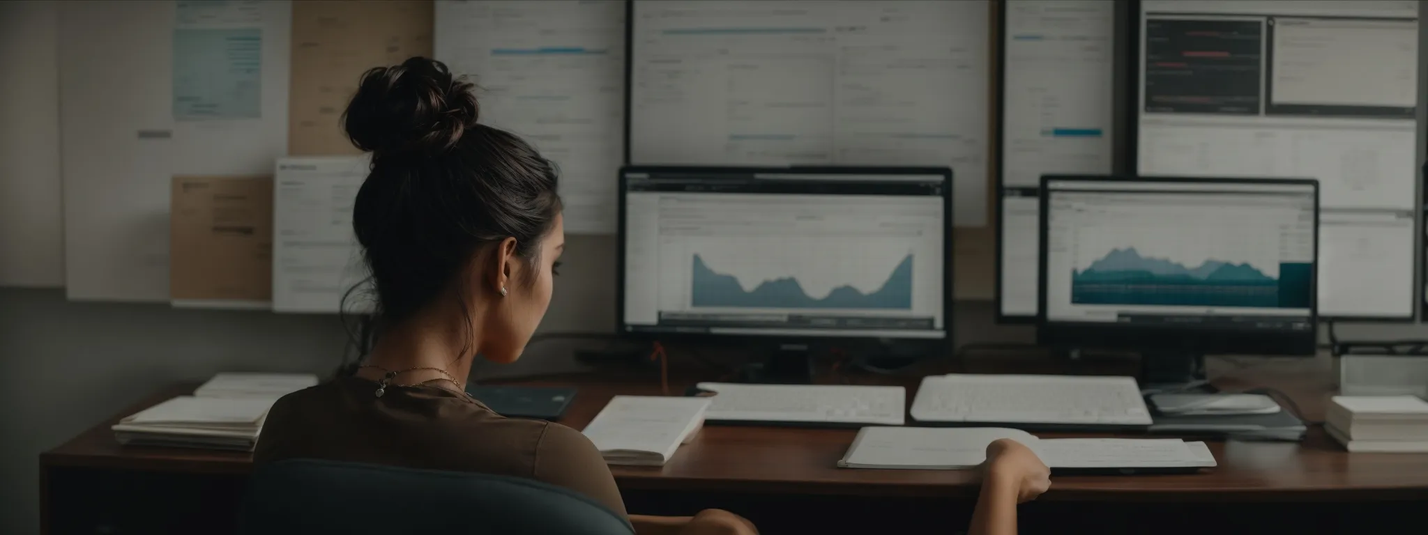 a woman sits at a minimalist desk, intently navigating a computer screen filled with web analytics data.