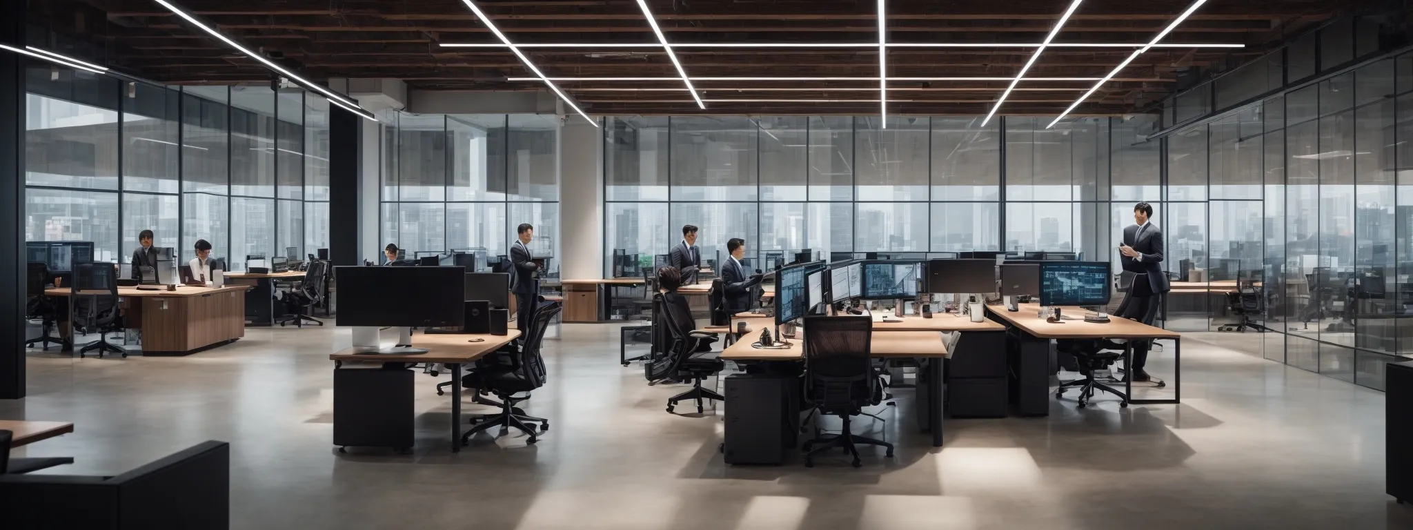 a sleek, modern office space with an expansive, open-plan layout where a team of professionals is clustered around a large digital display, analyzing dynamic graphs and performance metrics.