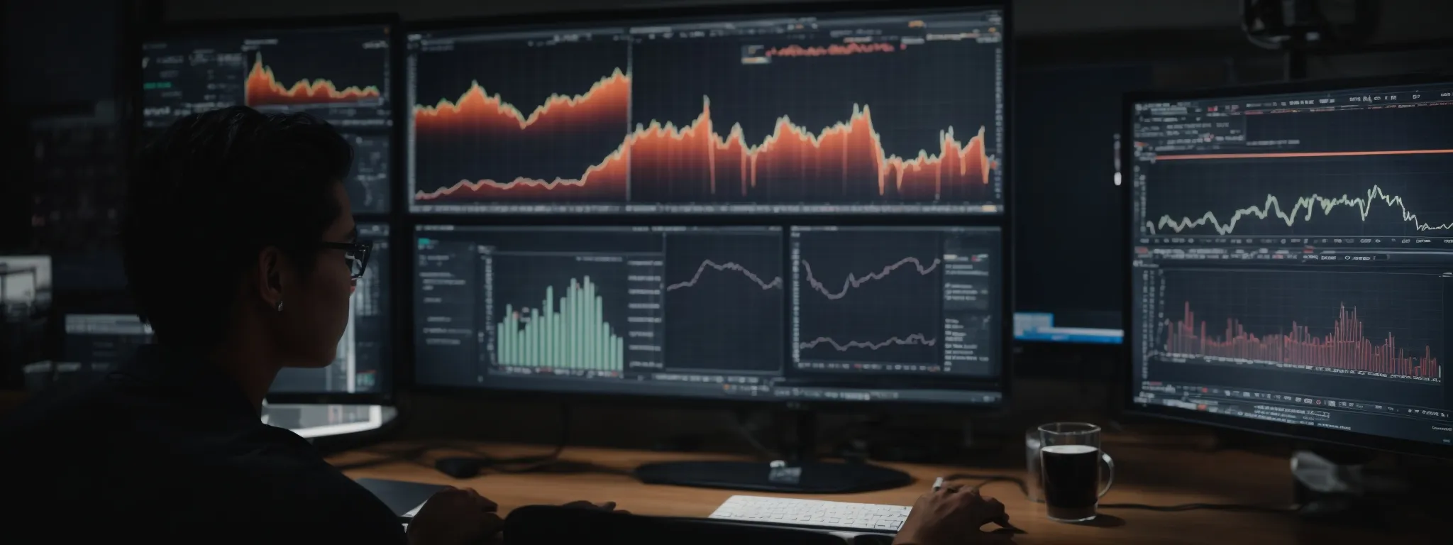 a person sitting at a computer with multiple graphs and charts on the screen, depicting seo analytics.