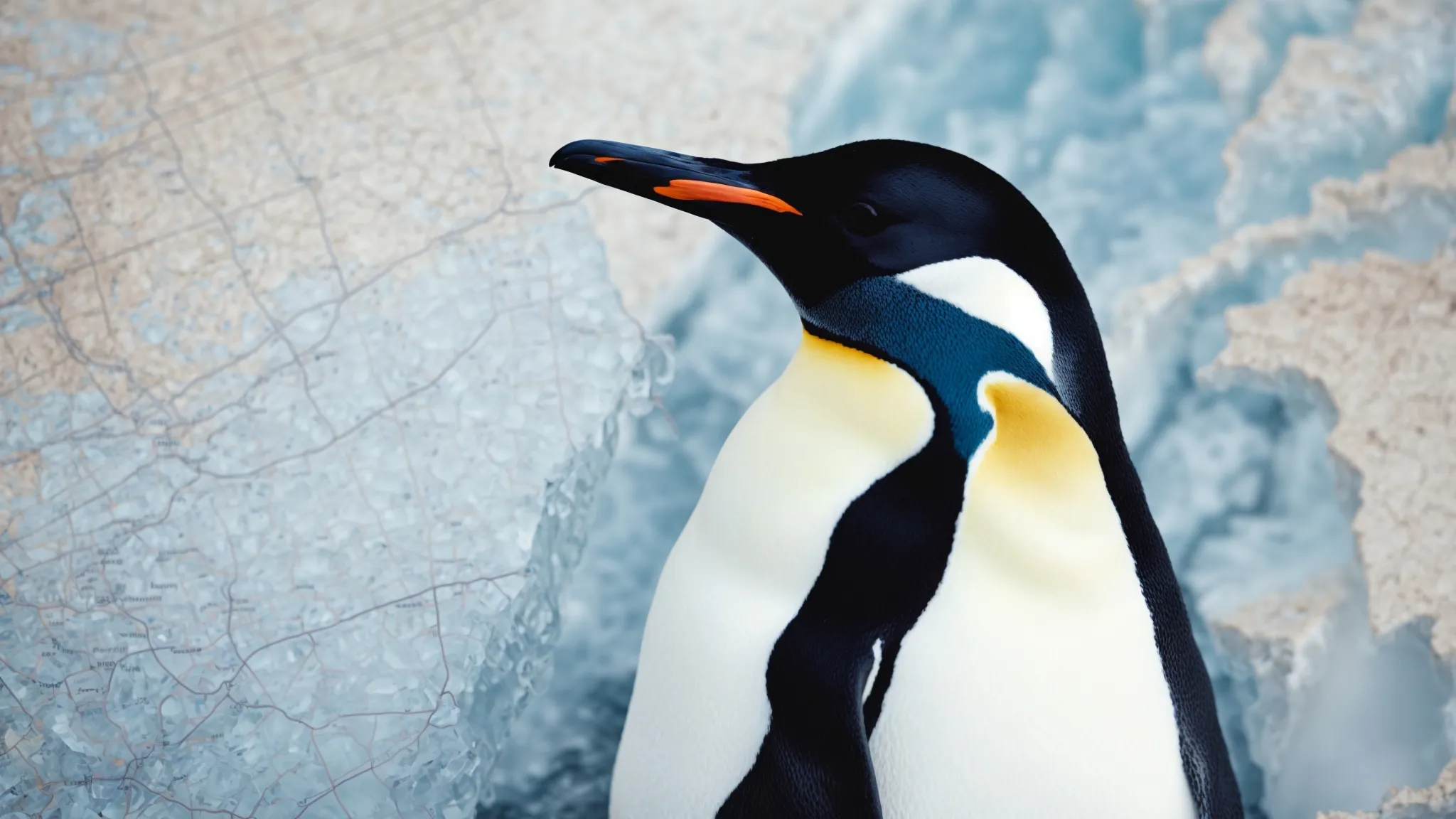 a close-up of an icy figure of a penguin superimposed over a simplified, abstract map.