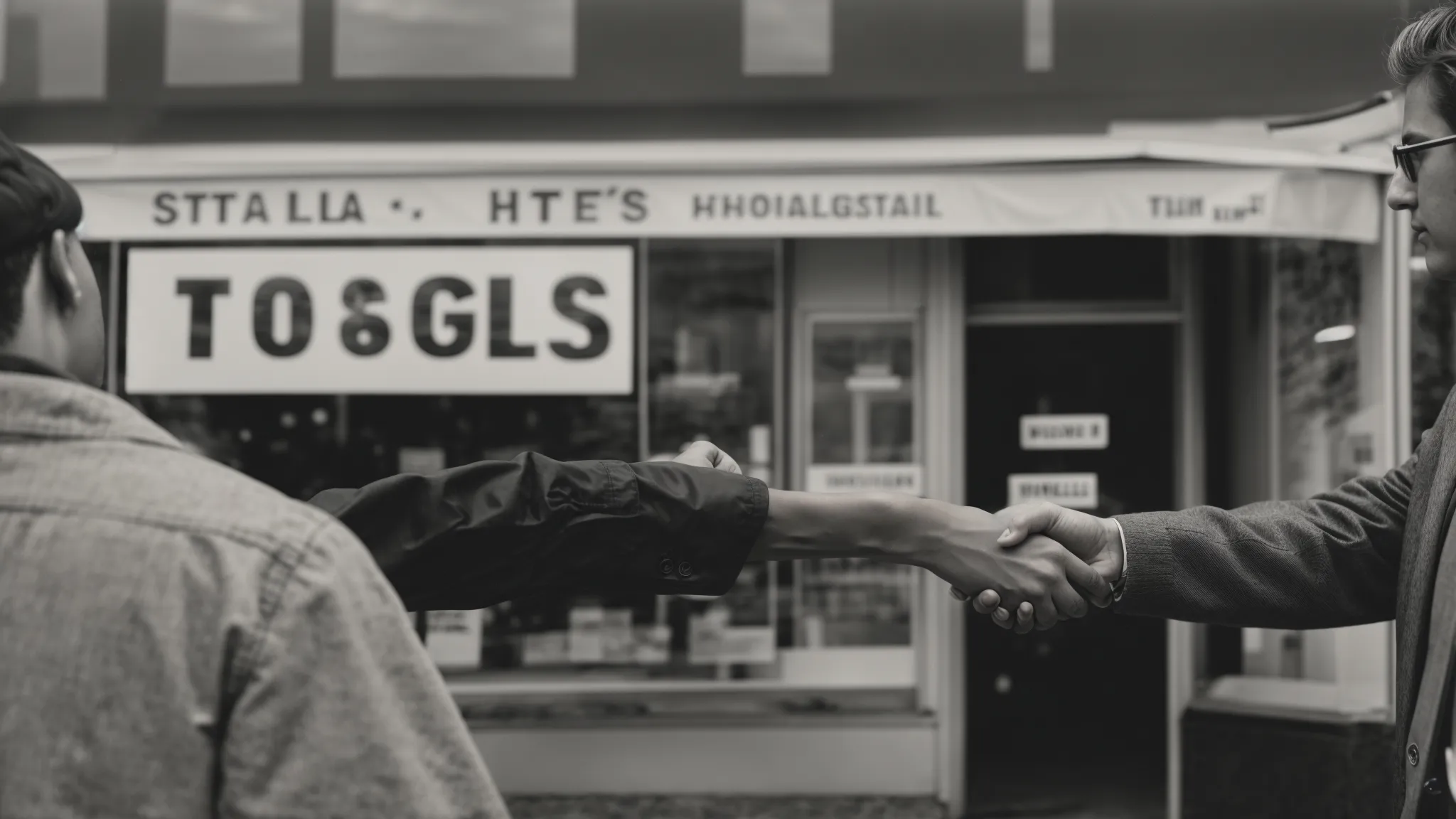 a handshake in front of a storefront with the store's signage clearly visible.