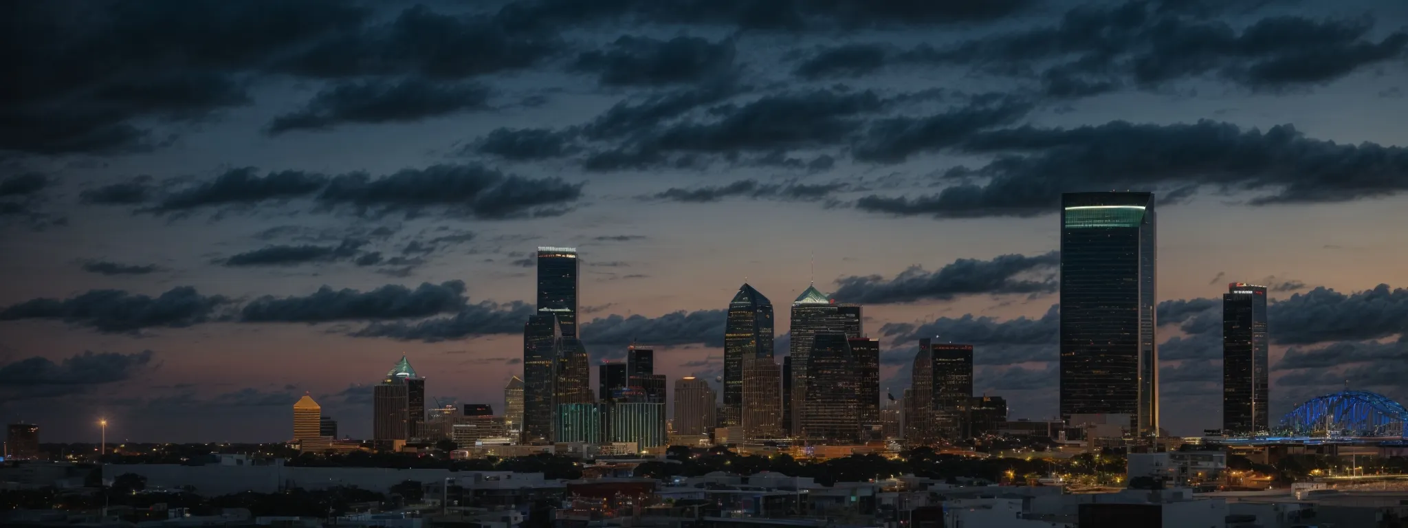 a panoramic view of jacksonville's skyline at sunset highlighting the city's vibrant atmosphere.
