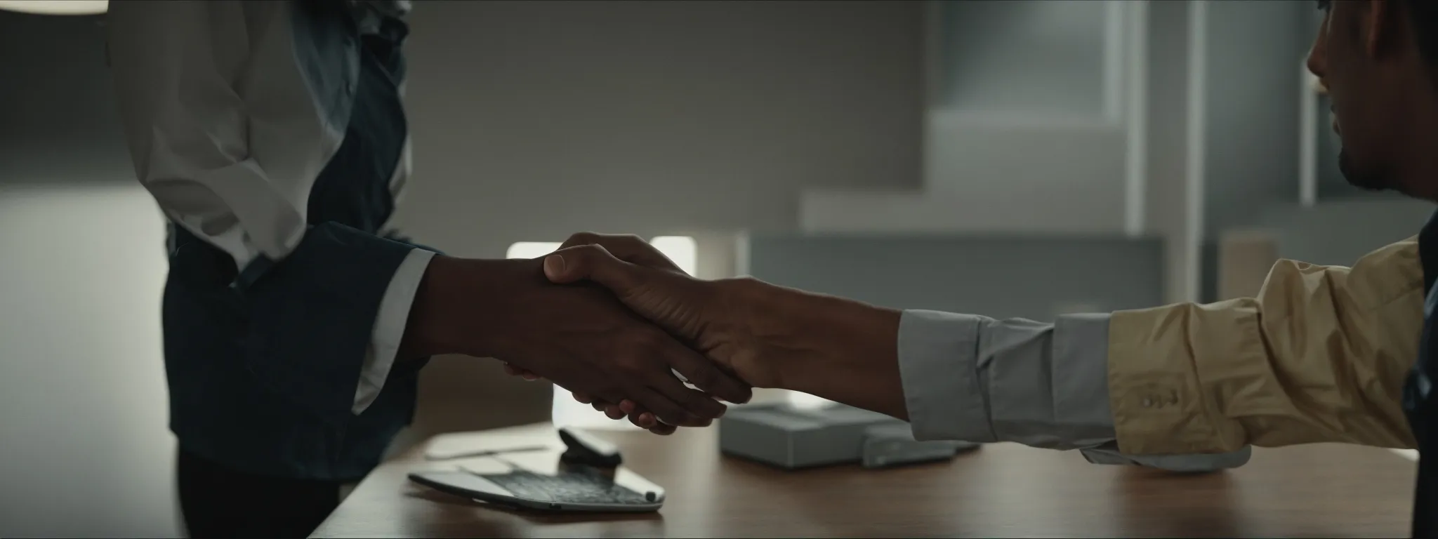 two professionals shaking hands across a table, sealing an seo partnership agreement.
