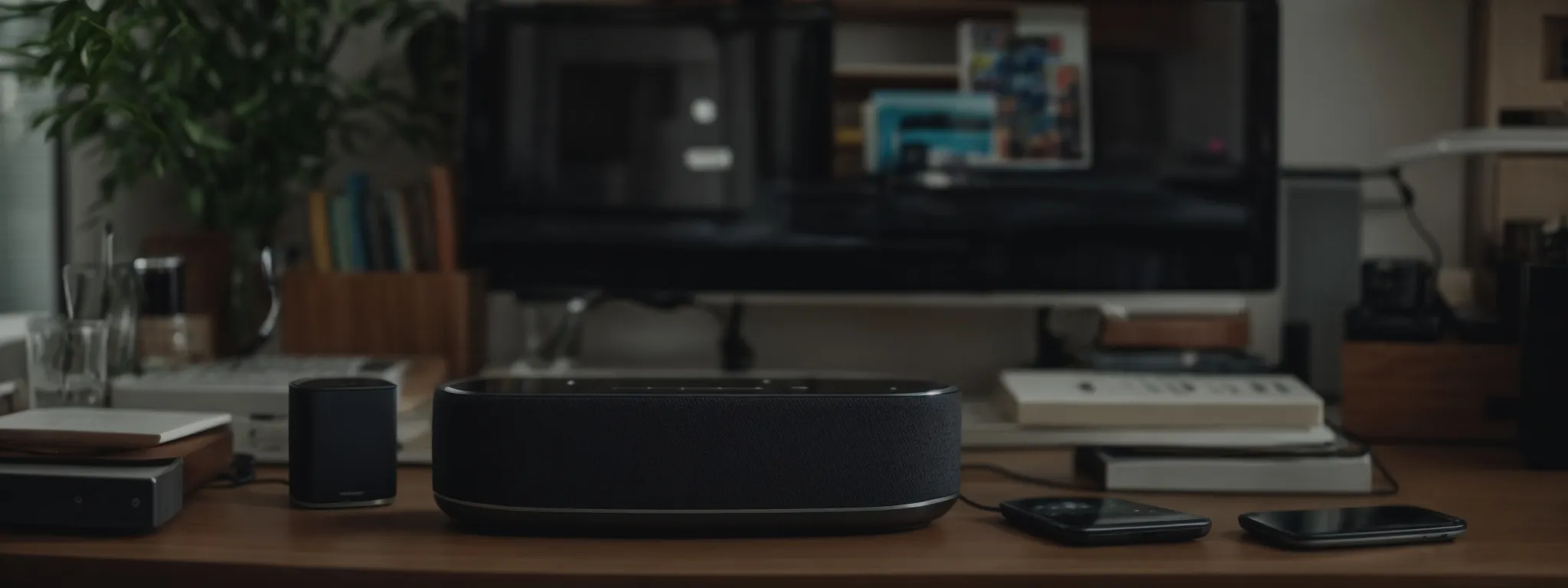 a person speaking to a smart speaker placed on a home office desk surrounded by technology gadgets.