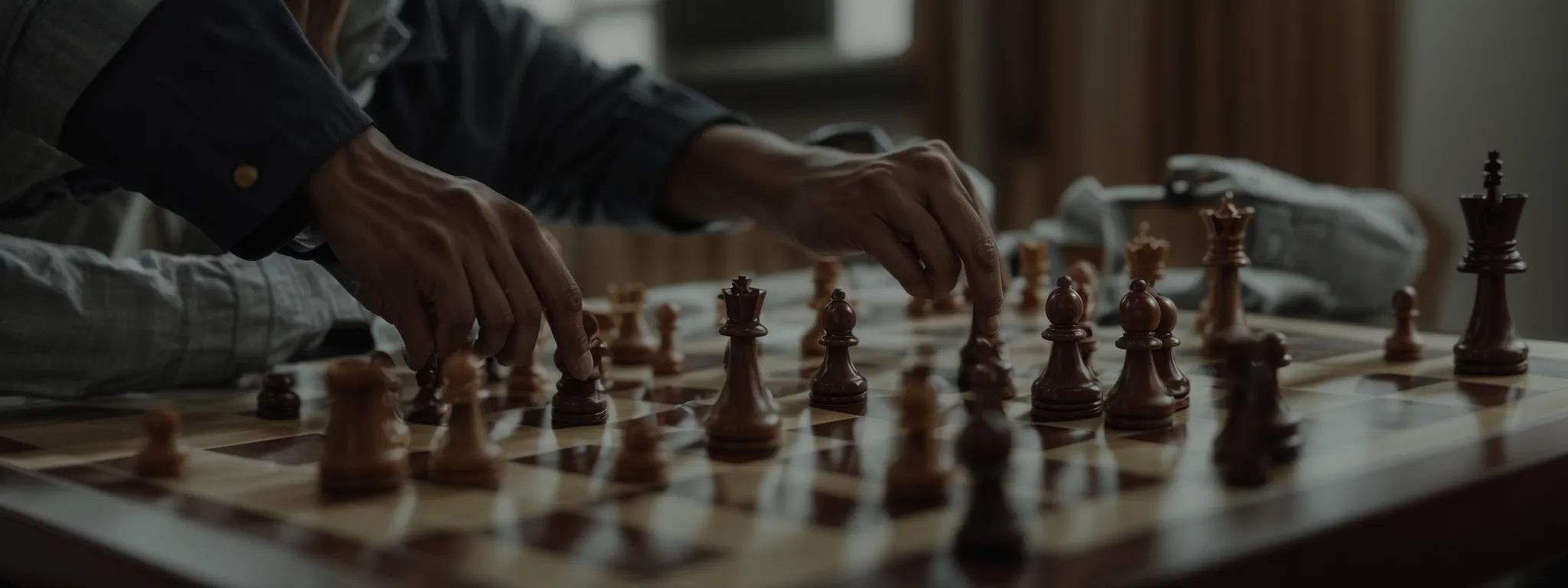 a chess player strategically positions a piece on a chessboard, signifying the tactical nature of building online authority.