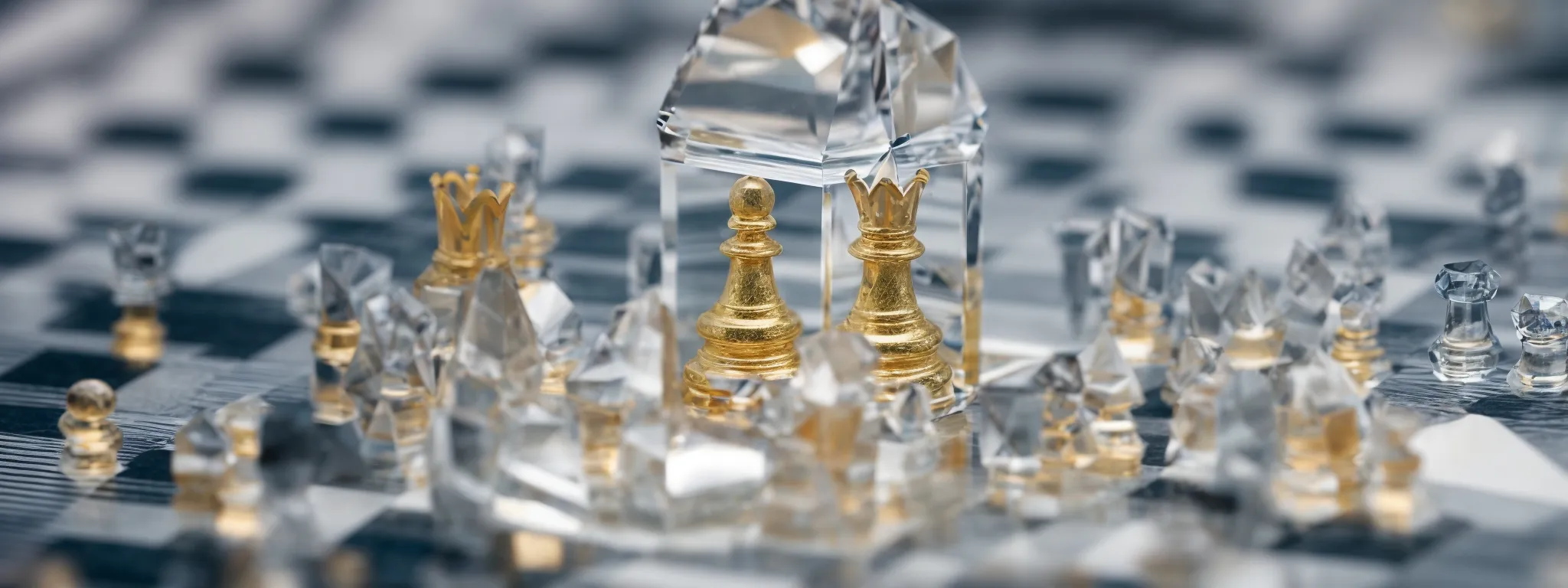 a close-up of a crystal-clear chess piece on a reflective surface amidst a myriad of blurred data charts and graphs.