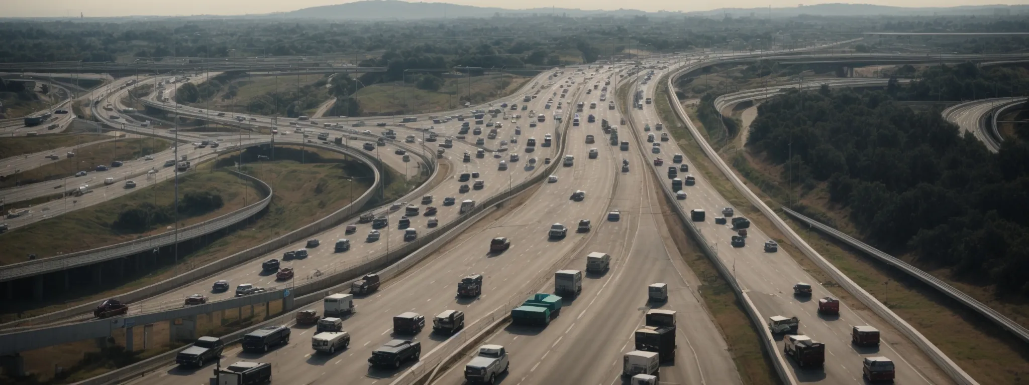 a static freeway with motionless cars conveying a standstill in traffic flow.