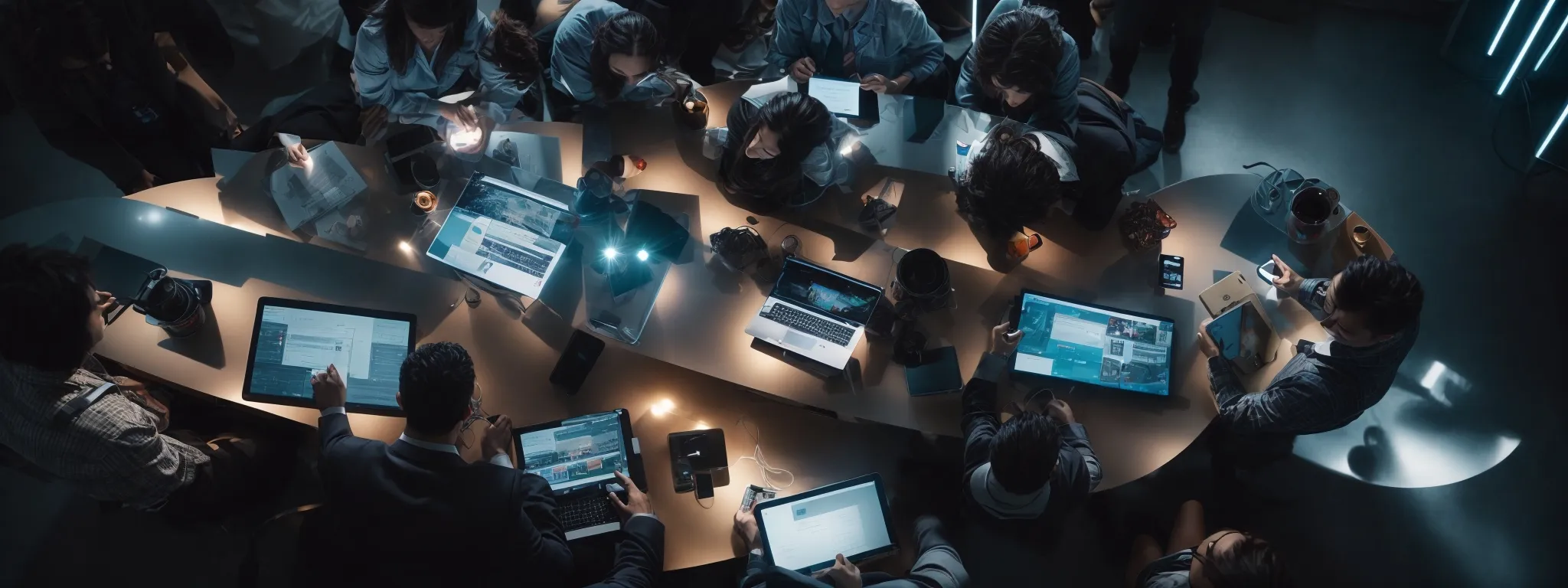 a group of professionals collaborates around a modern, high-tech table strewn with tablets and digital devices under a ceiling with abstract lighting.