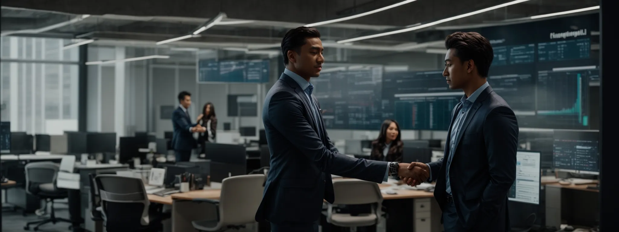 two professionals shaking hands in a modern office, surrounded by digital screens displaying data charts.