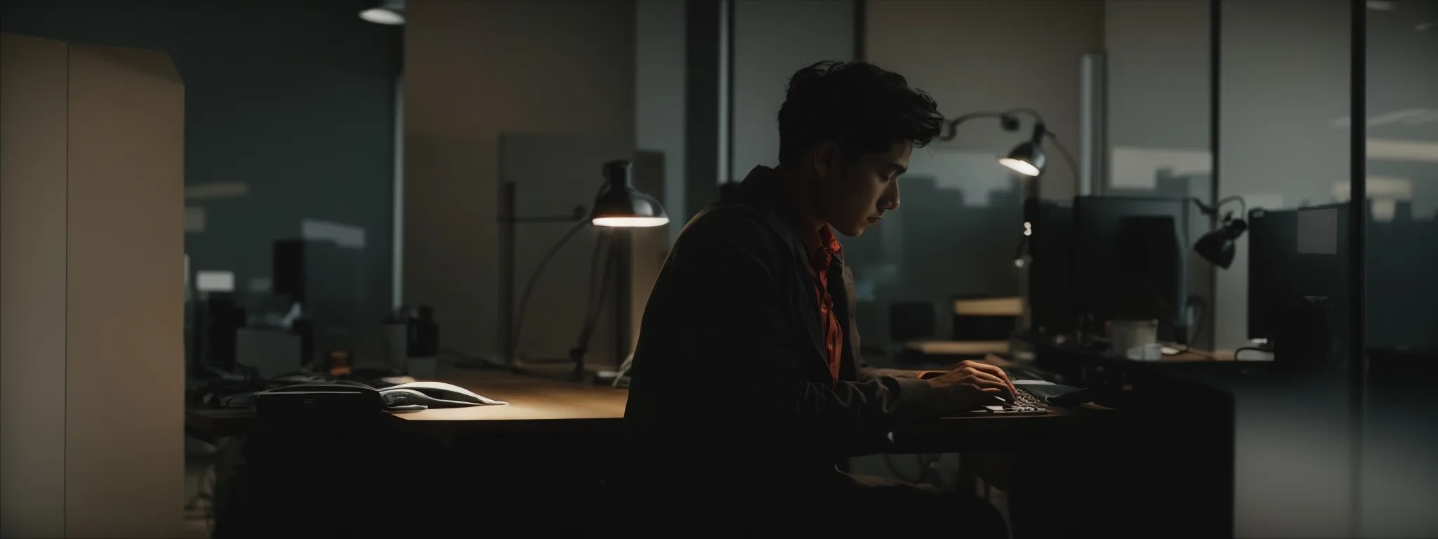 a focused individual typing on a modern computer in a well-lit office space.
