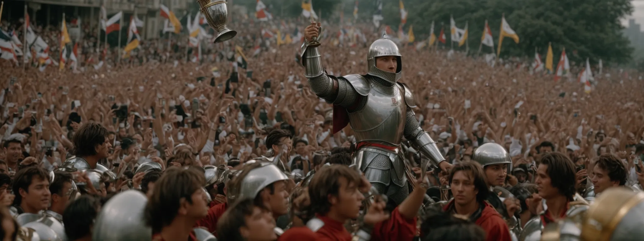 a knight in shining armor emerging victorious holding aloft a golden trophy amidst a cheering crowd.