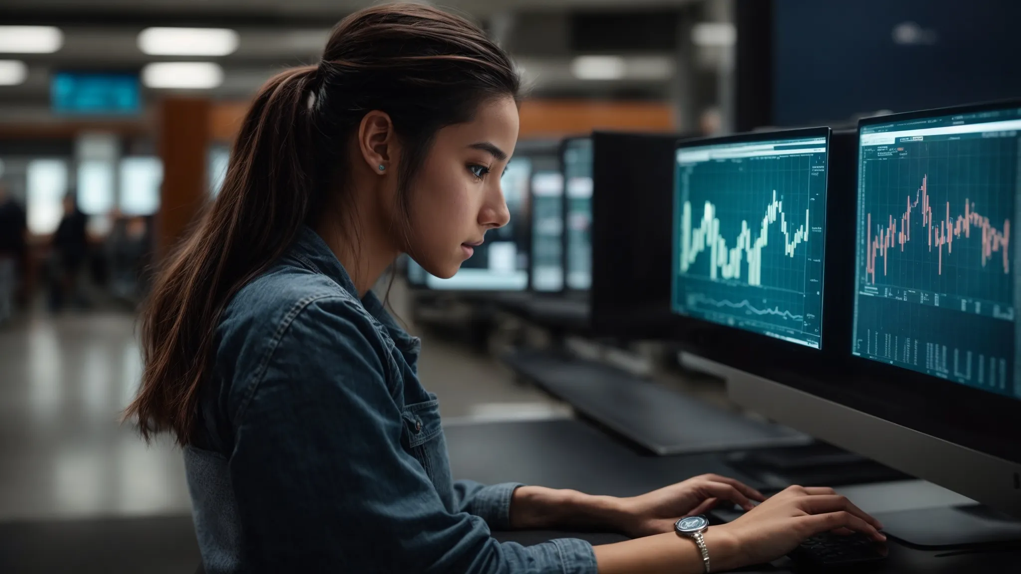 a focused student is interacting with a digital analytics dashboard on a computer screen in a university library.