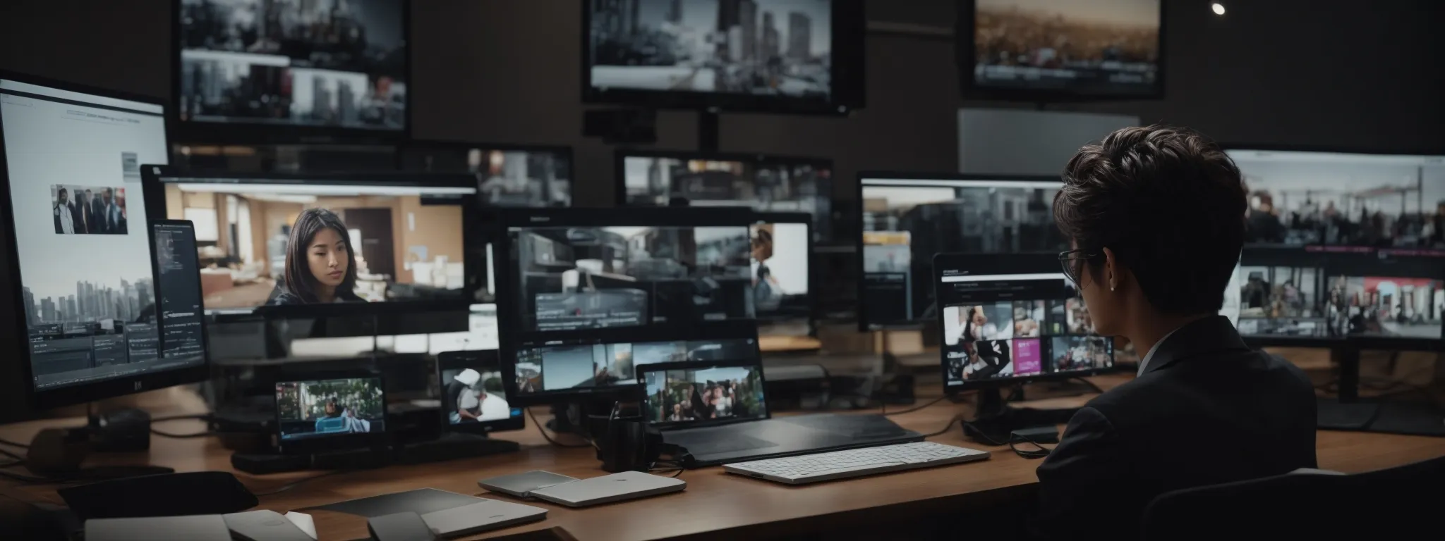 a person sits at a modern desk surrounded by multiple devices displaying videos, symbolizing a cross-platform promotional strategy.