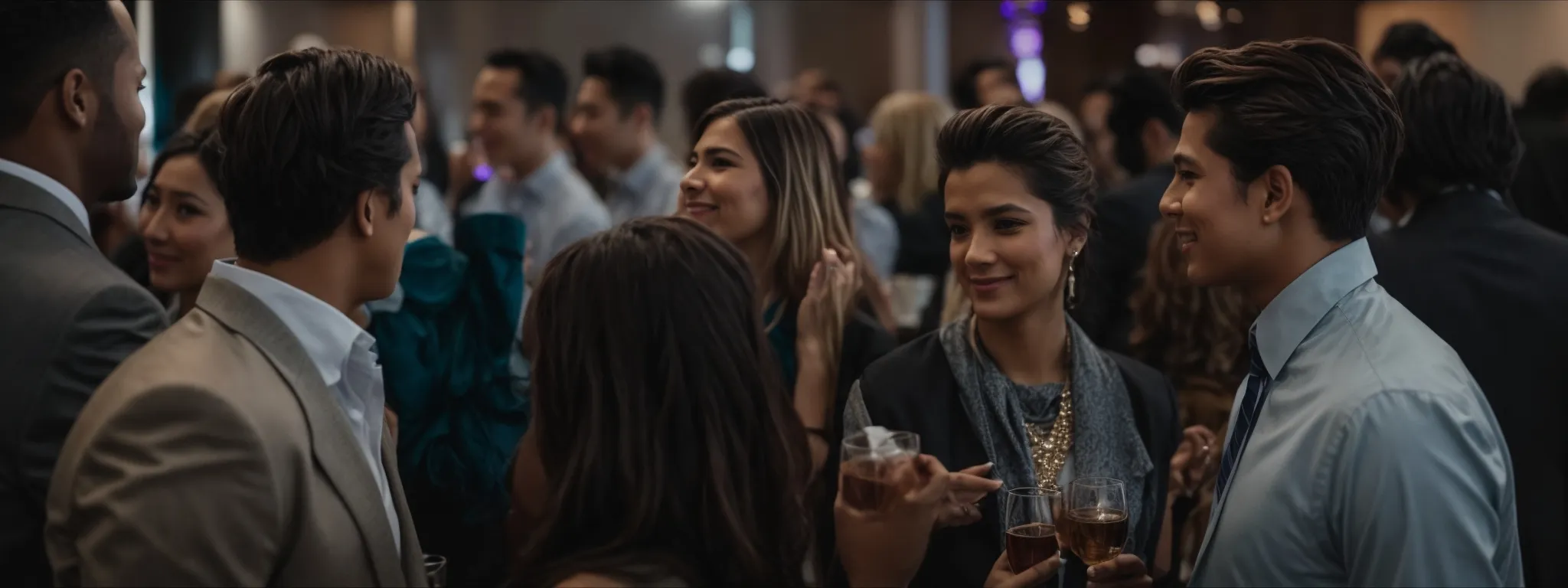 a person engages in lively conversation amidst a group at a networking event, symbolizing strategic interaction on twitter for seo benefits.