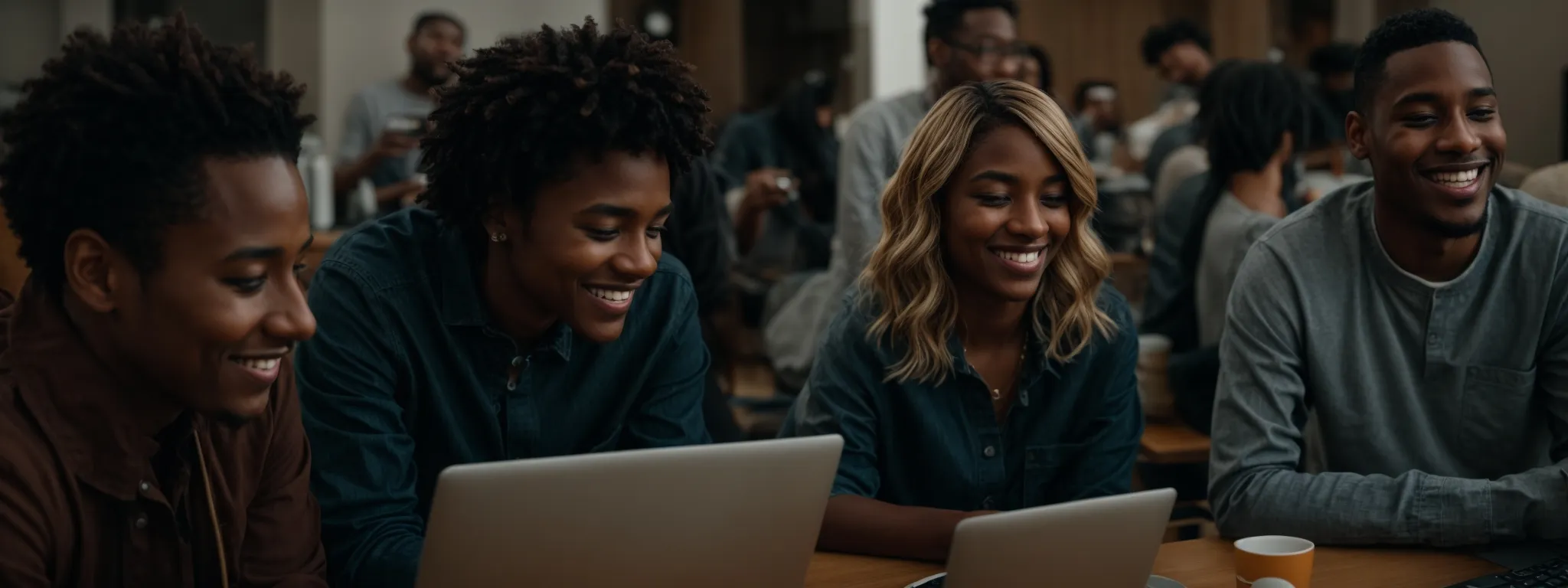 a diverse group of people smiling at their laptop screens, visibly engaged with the interactive content they are experiencing.