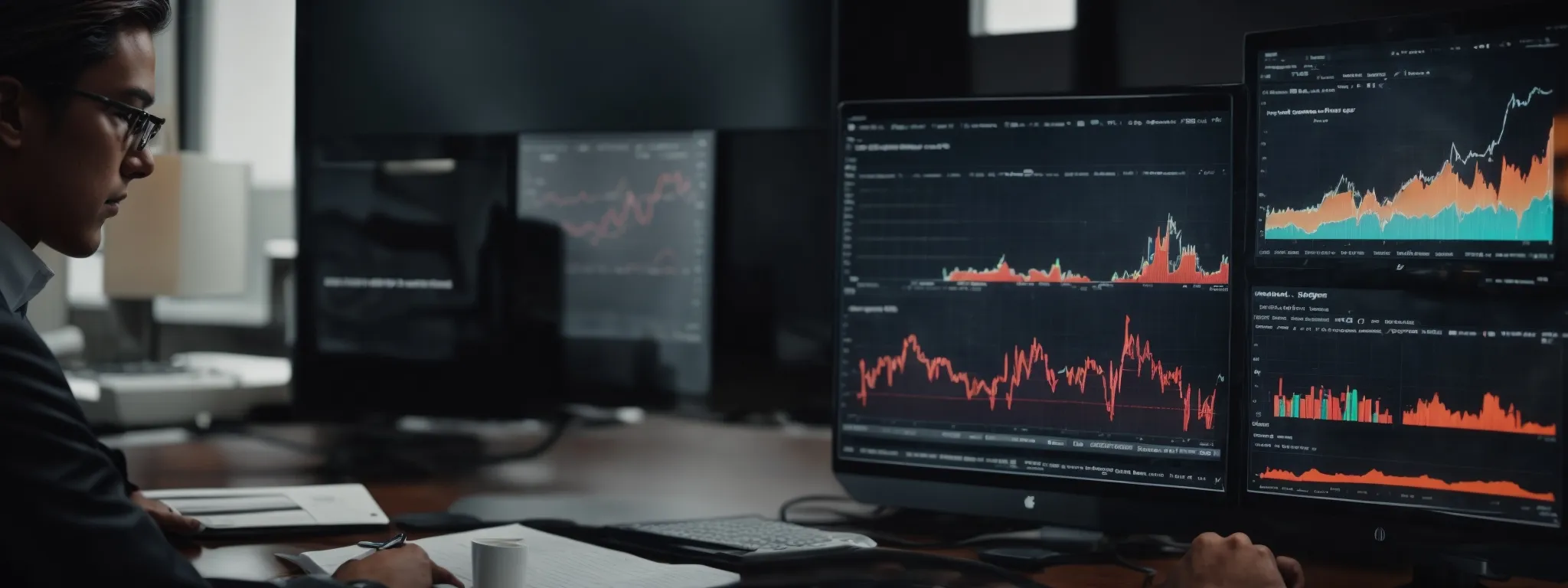 a business professional analyzes graphs on a computer screen, illustrating website traffic trends and investment returns.