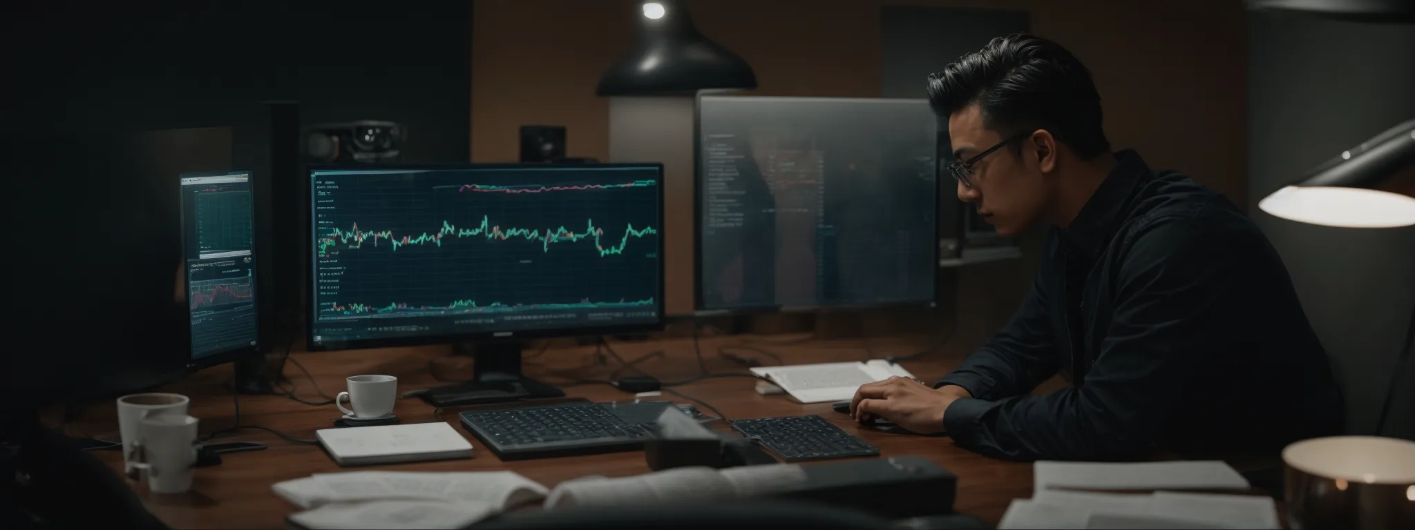 a digital marketer examines analytics on a computer screen, plotting seo strategy.