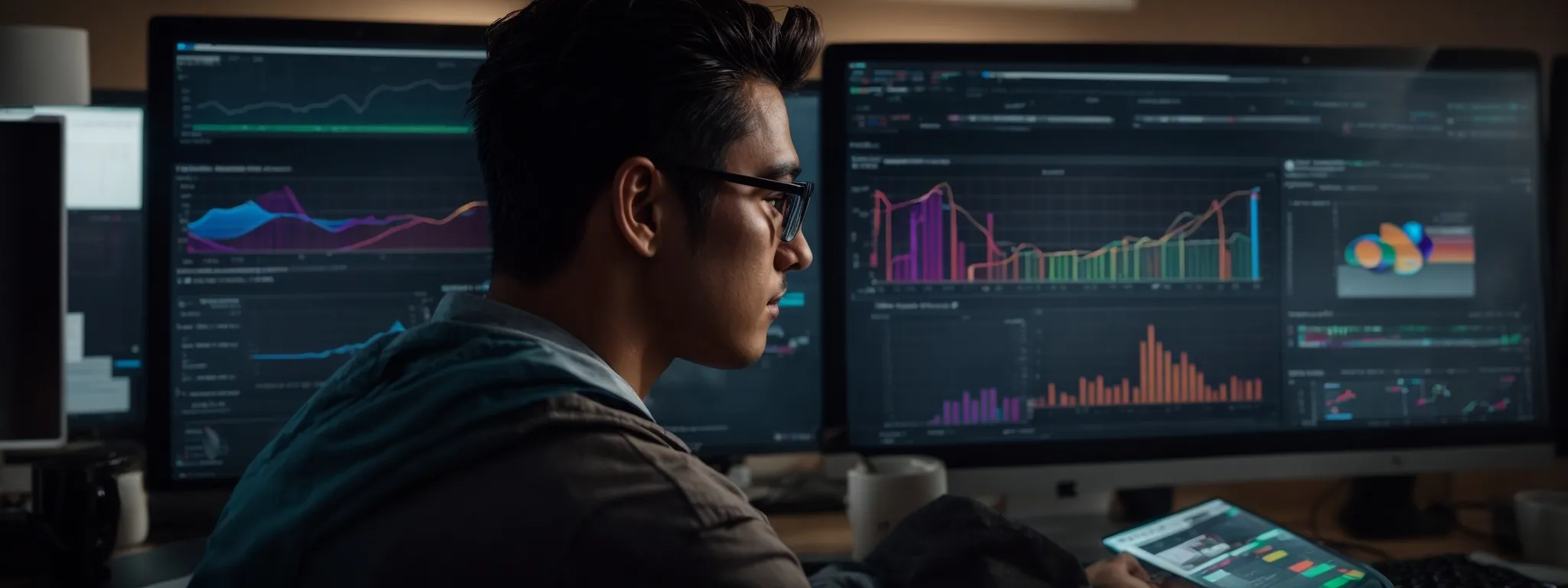 a focused individual gazes at a computer screen displaying colorful graphs and analytics related to website traffic and keyword performance.