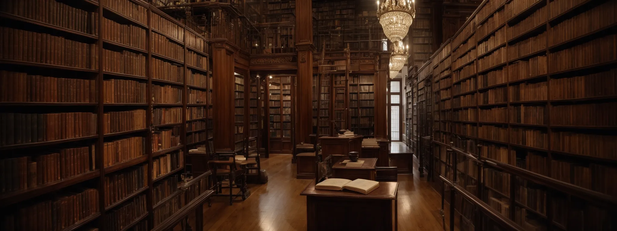 an expansive library with rows of thick, antique books representing the accumulation of knowledge and expertise.