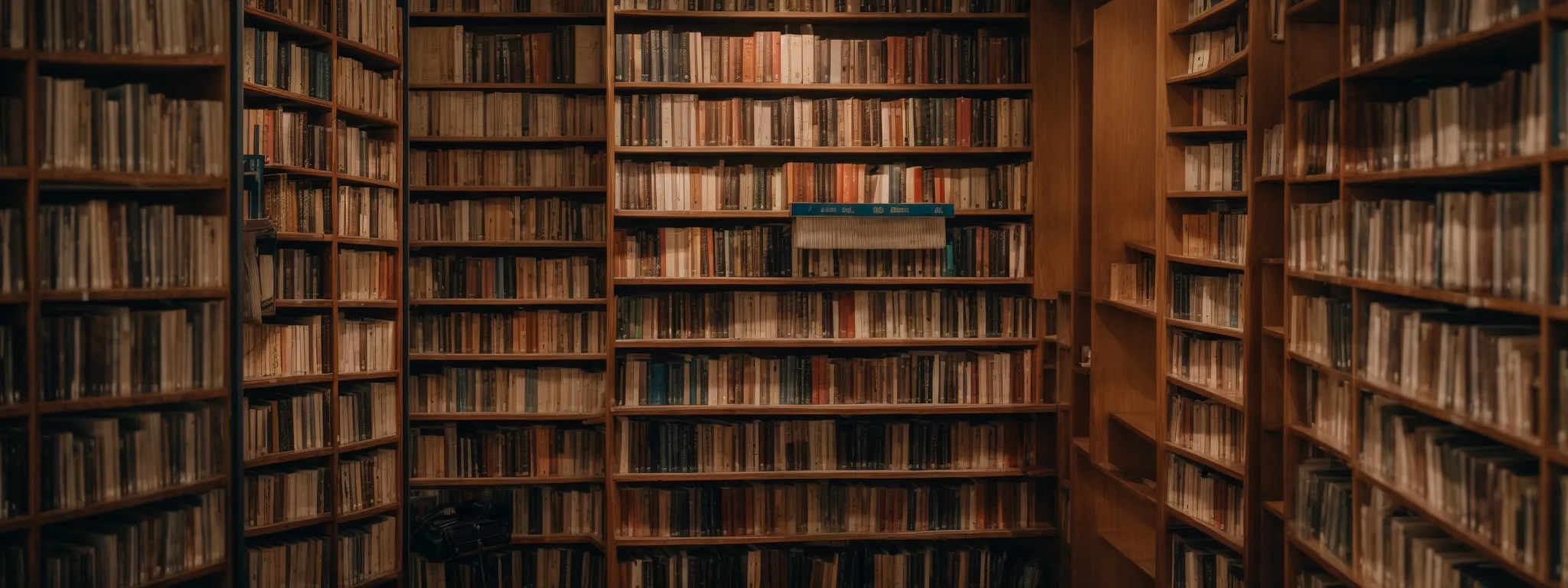 rows of well-organized library shelves filled with books on diverse subjects hinting at a systematically categorized knowledge base.