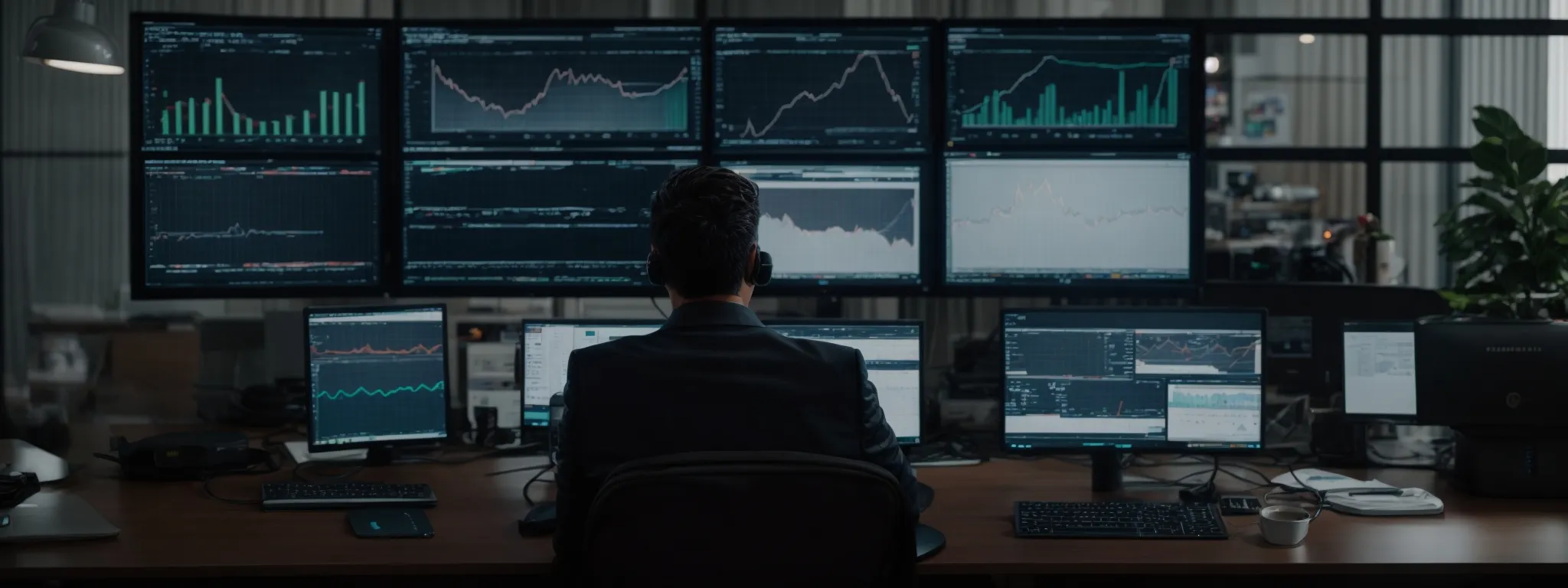 a person sitting at a desk with multiple computer monitors displaying graphs and analytics.