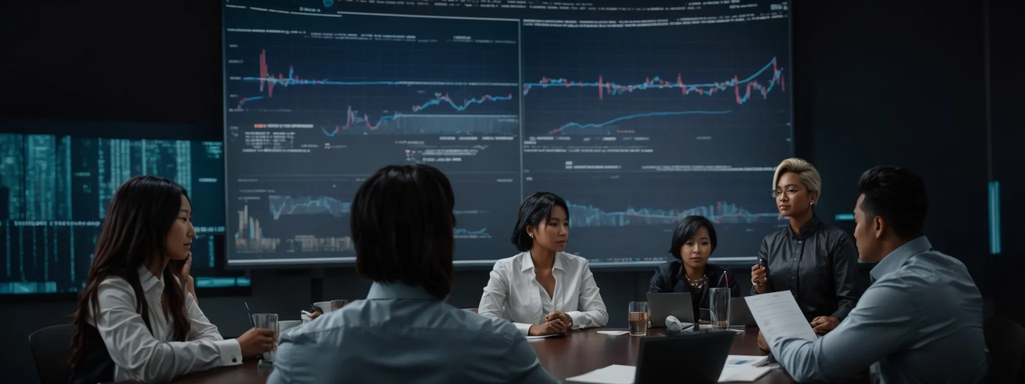 a diverse group of professionals gathered around a table, discussing strategies with futuristic digital marketing charts and projections displayed on a screen.