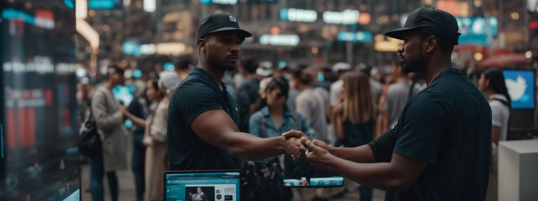 a marketer shaking hands with a prominent social media influencer against a backdrop of bustling digital screens displaying various social media platforms.