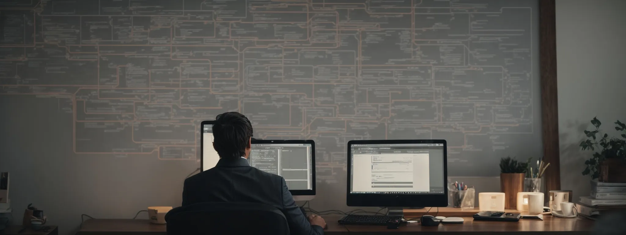 a web designer intently studying a dynamic flowchart representing diverse seo strategies on a computer screen.