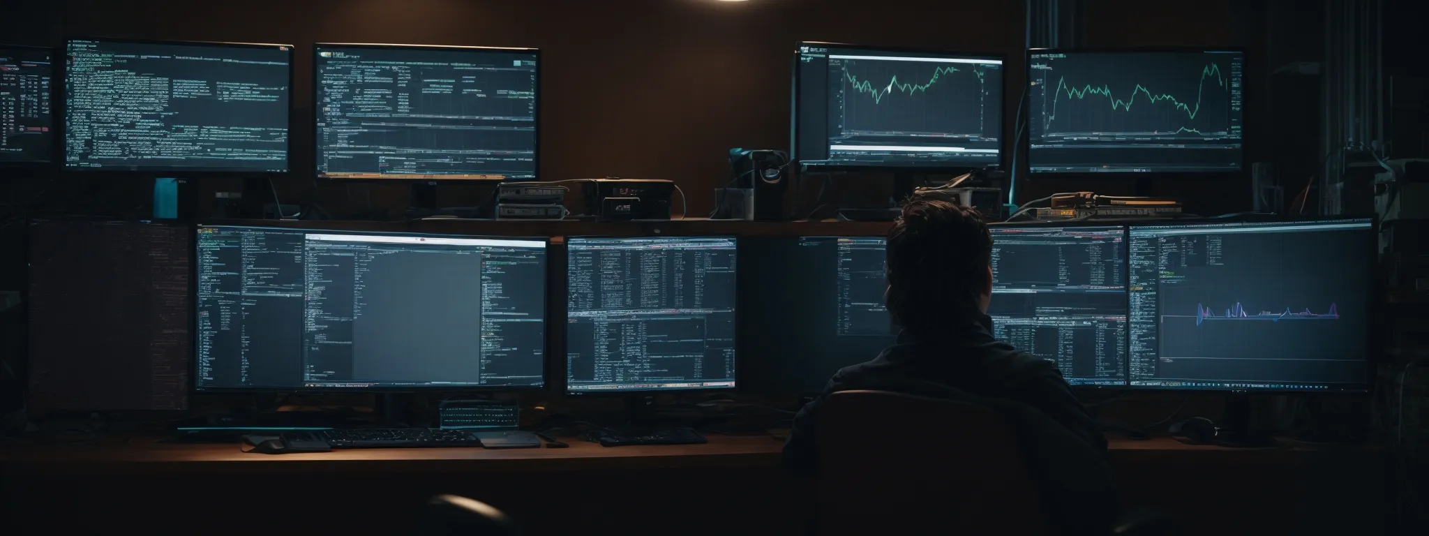 a programmer sits before dual monitors displaying website code and analytics graphs, reflecting the process of automating seo audits with python.