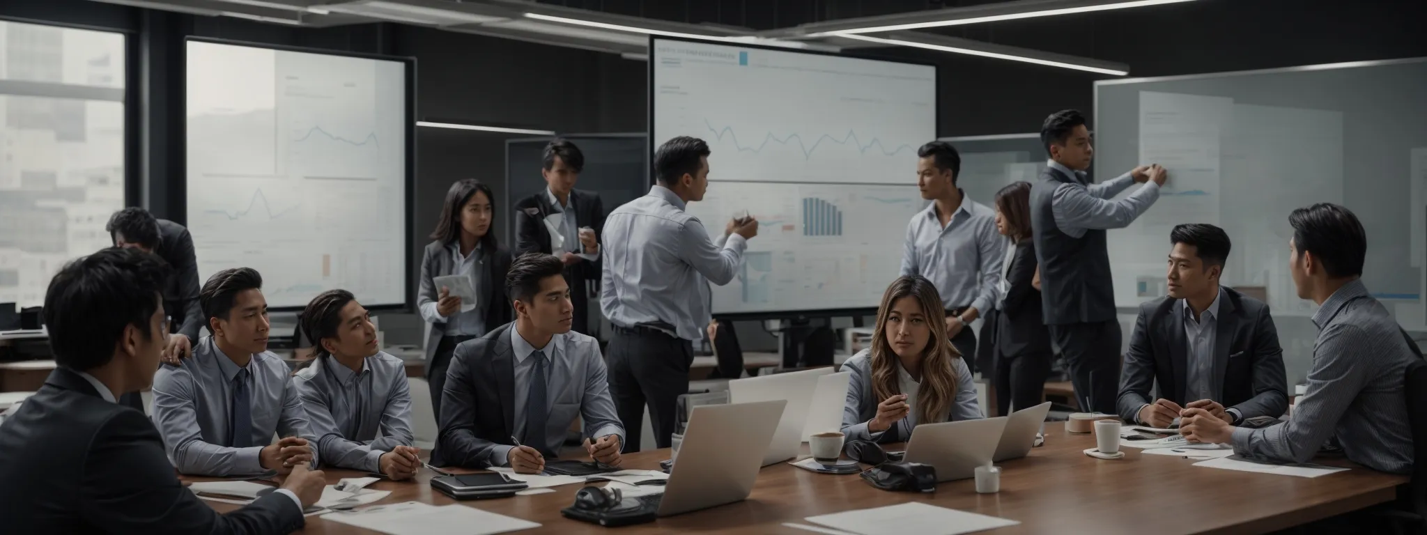 a team of professionals gathered around a conference table discussing graphs and charts displayed on a large monitor in a modern office setting.