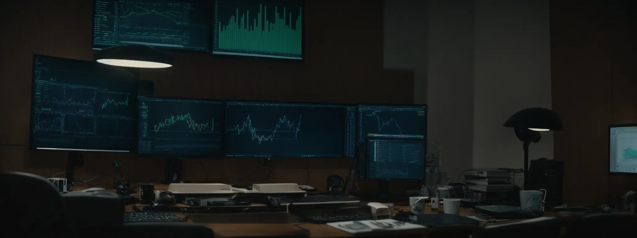 a person sits at a desk with two computer monitors displaying graphs and analytics information.
