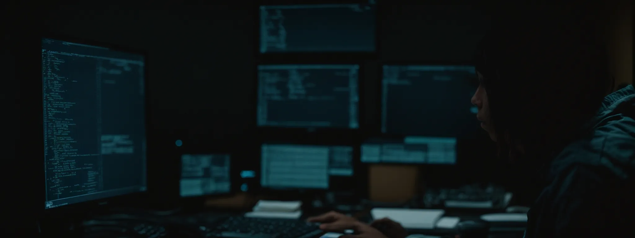 a programmer intently scrutinizes code on a computer screen in a dimly lit office.