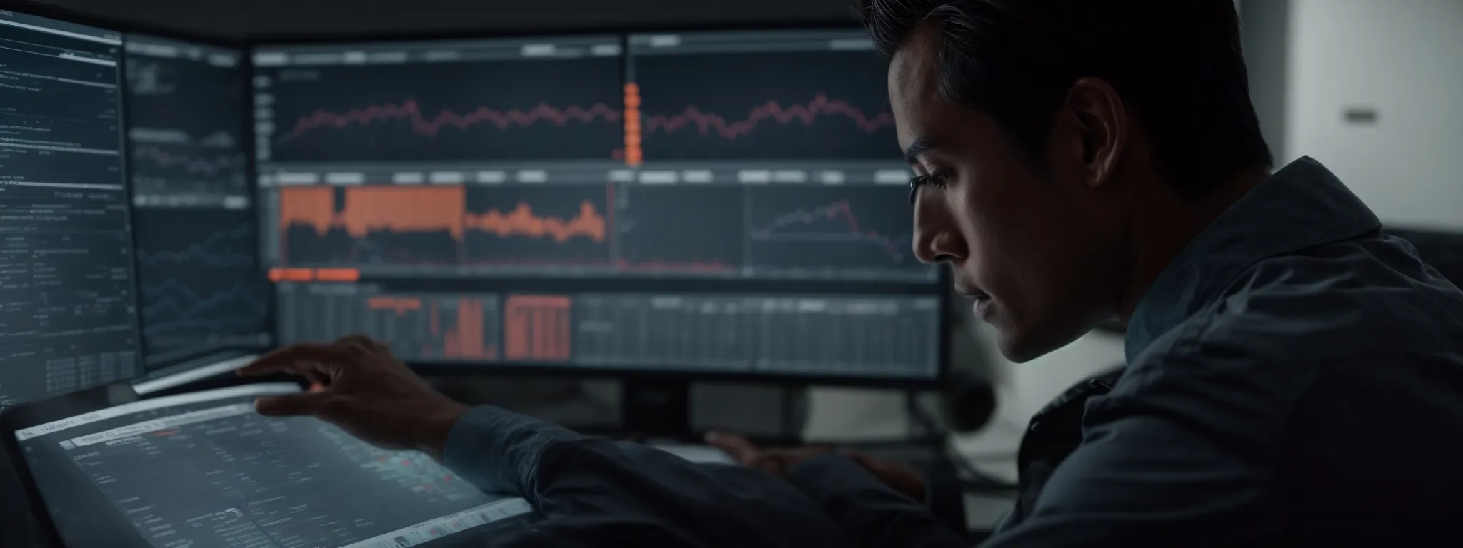 a focused individual studies a computer screen displaying a web analytics dashboard, symbolizing strategic link building in seo.