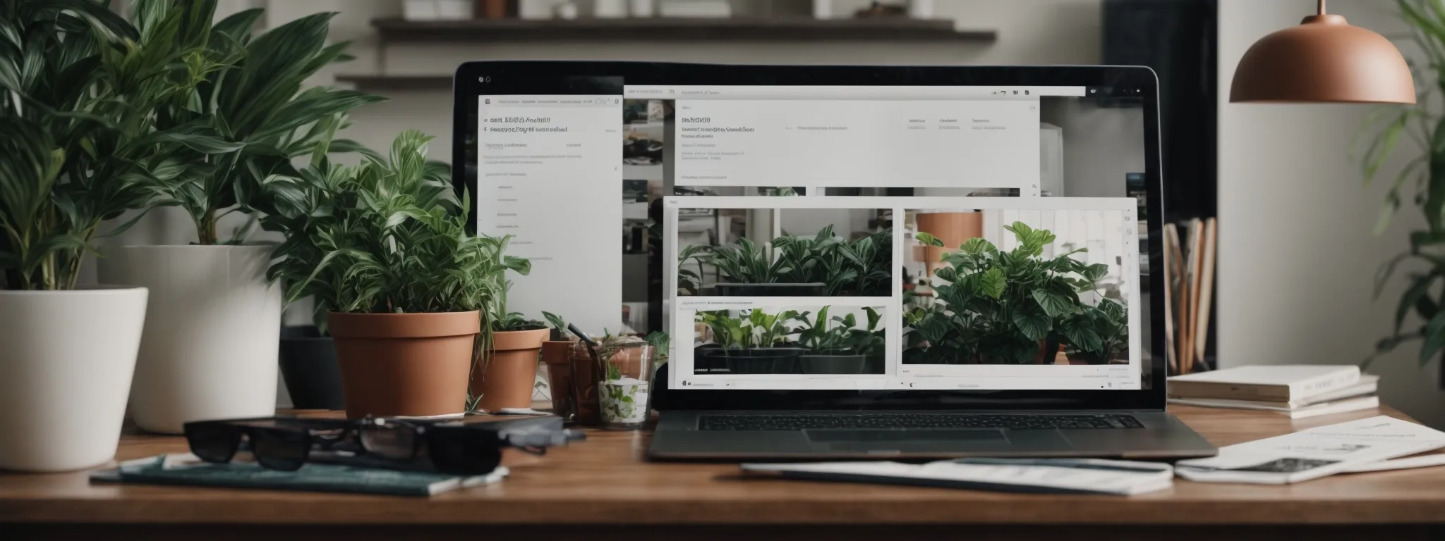 a laptop with an open analytics dashboard sits on a desk beside a potted plant, symbolizing a professional approach to seo strategy.