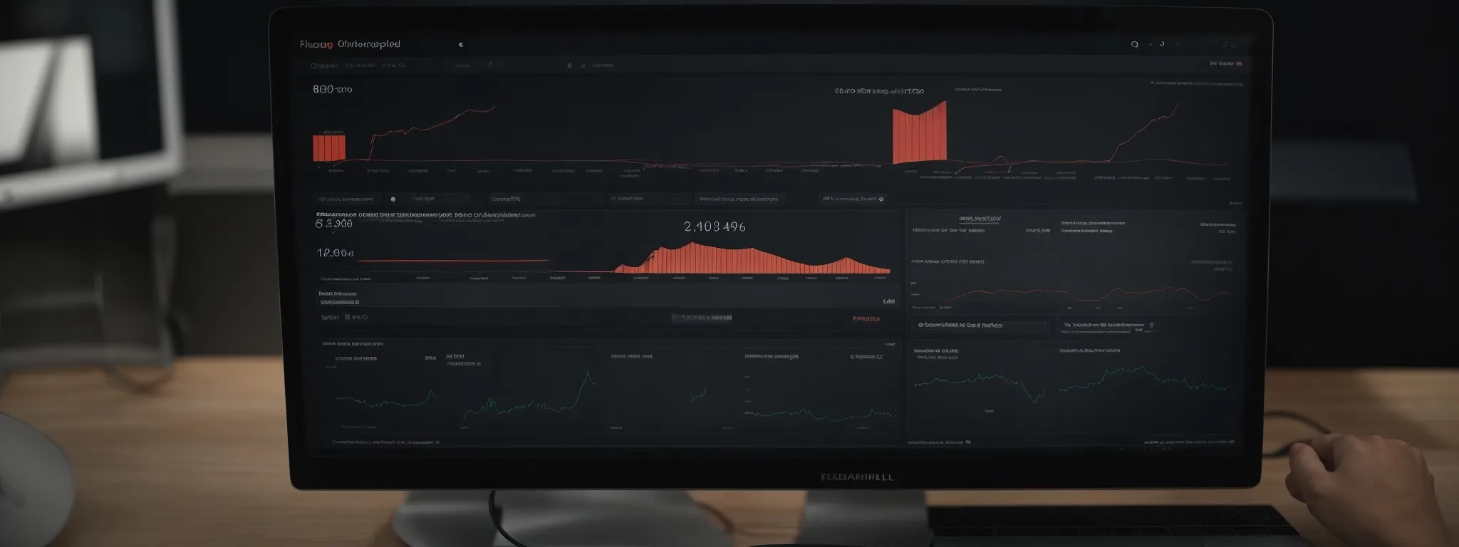 a computer screen displaying a webpage with an analytics dashboard showing search traffic and keyword performance indicators.