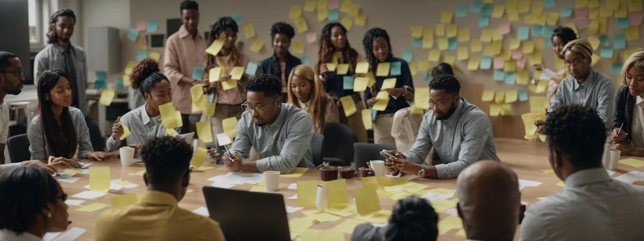 a diverse group of people engaged in a collaborative workshop with post-it notes and markers, symbolizing the development of user personas.