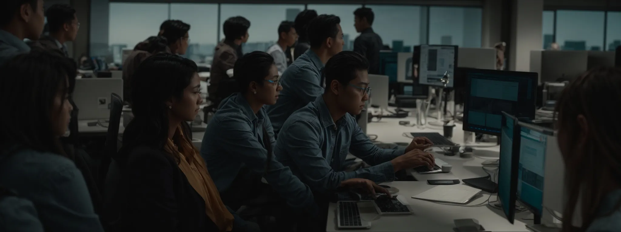 a group of people collaborating around a computer in a modern office setup, discussing strategies.