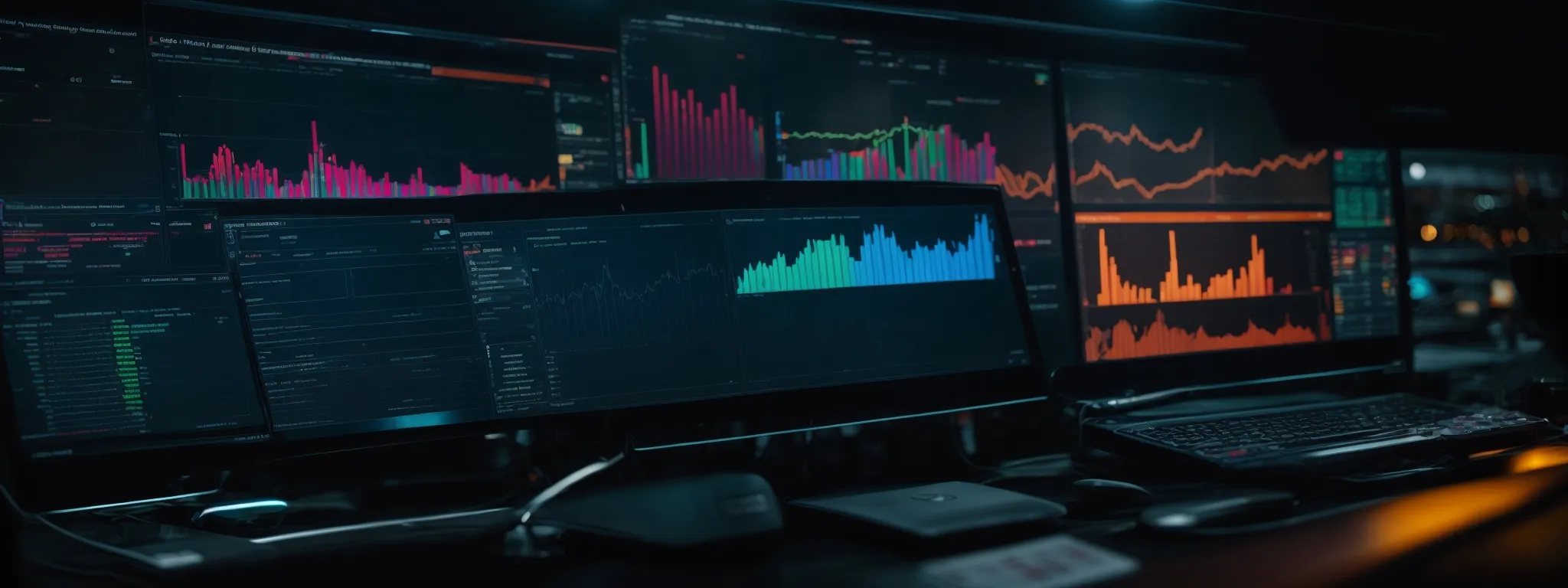 a computer screen displays a vibrant analytics dashboard highlighting keyword performance improvements.