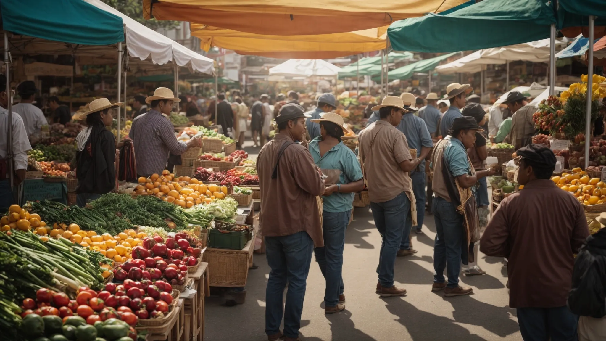 a bustling local farmer's market with vendors actively interacting with customers against a backdrop of colorful fresh produce stalls.