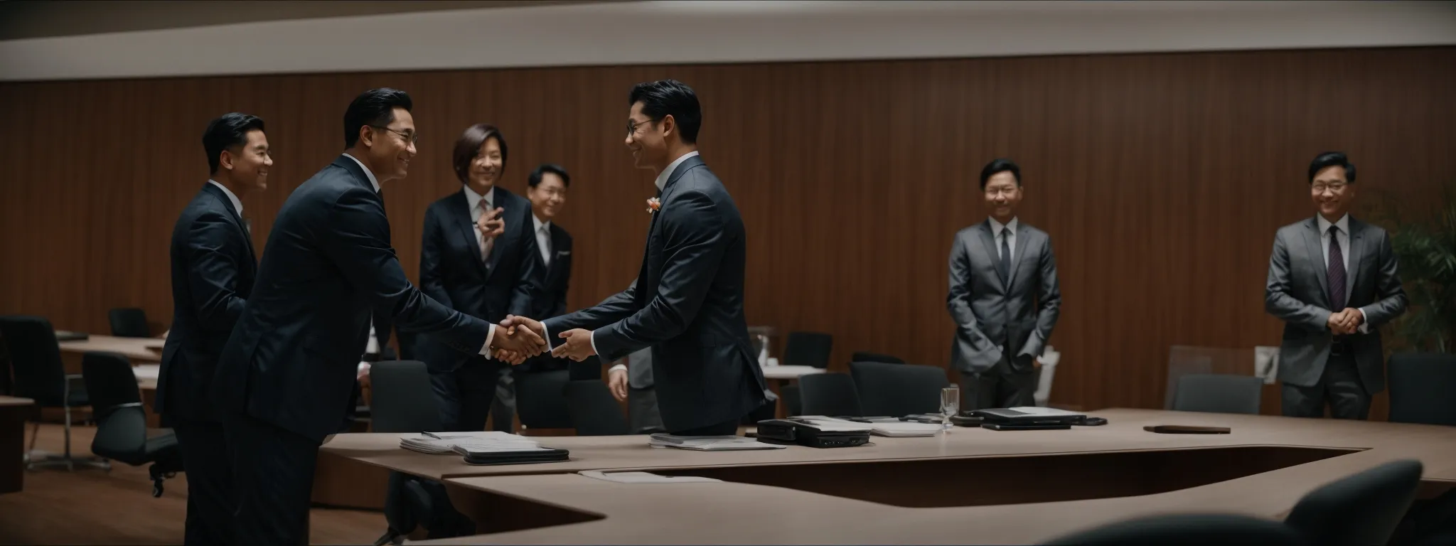 two executives shaking hands across a table in a formal meeting room.