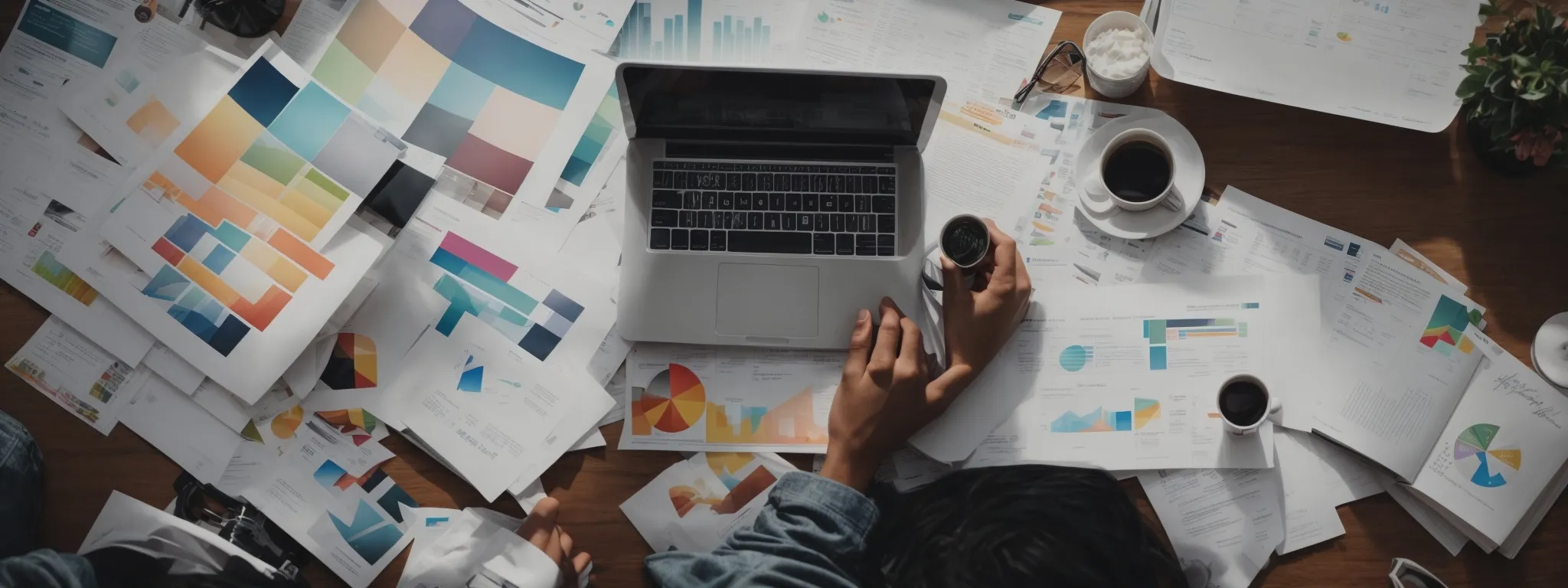 a person typing on a laptop surrounded by marketing strategy icons and graphs.