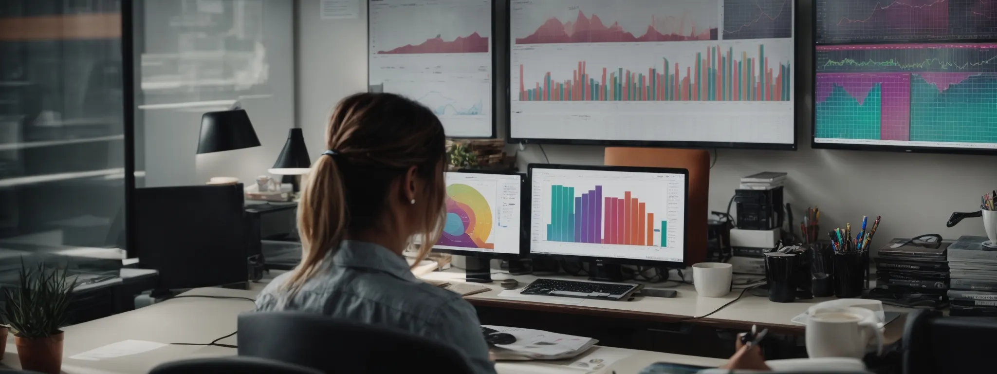 a person seated at a modern office desk, staring at a computer screen displaying colorful analytics graphs while surrounded by notes and a cup of coffee.