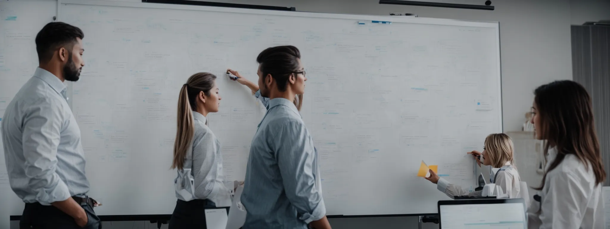 a team of professionals collaboratively mapping out an seo strategy on a digital whiteboard.