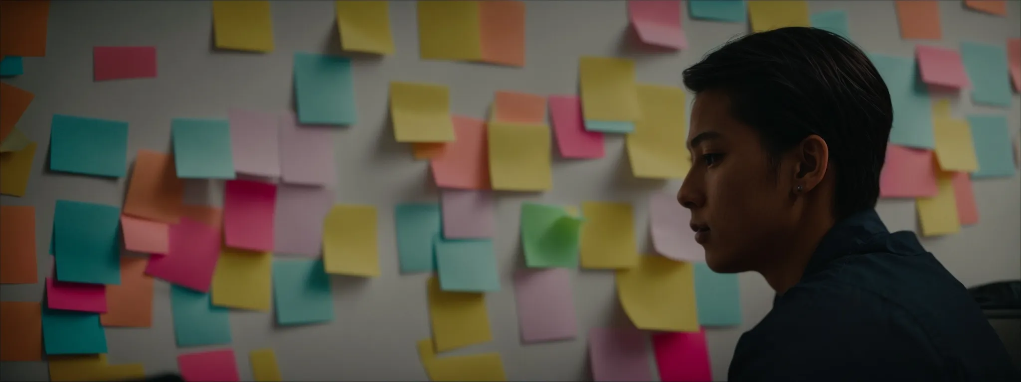 a person sits at a computer, deep in focus while surrounded by marketing strategy materials and colorful sticky notes with brainstormed words.