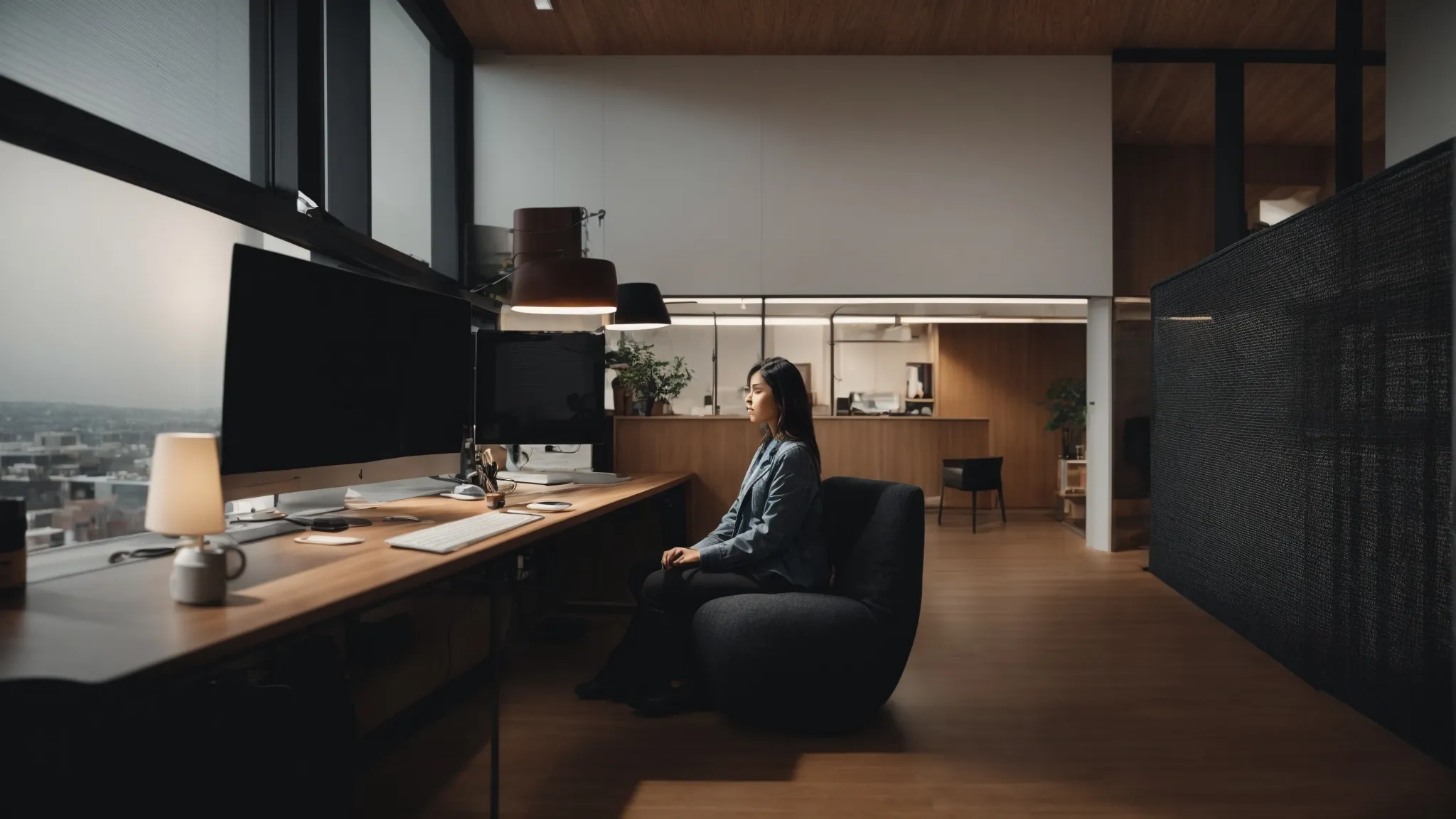 a person sitting in a cozy office nook, intently optimizing a business profile on a sleek, modern computer.