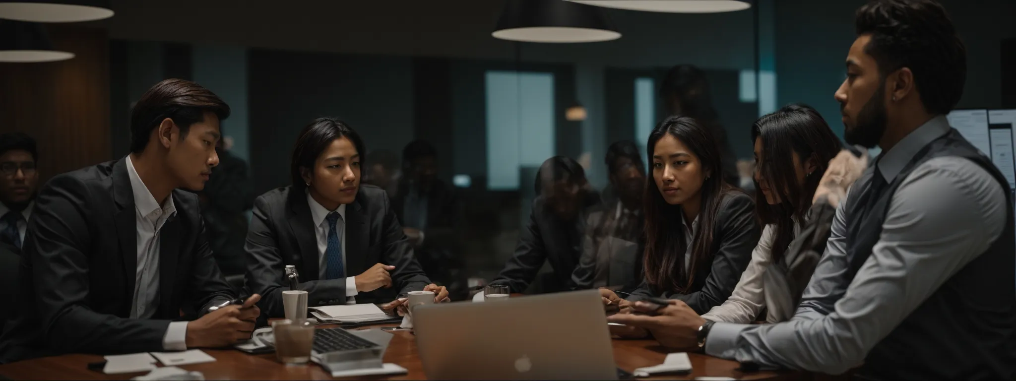 a group of professionals in a conference room engaged in a focused discussion over a laptop, illustrating strategic decision-making.