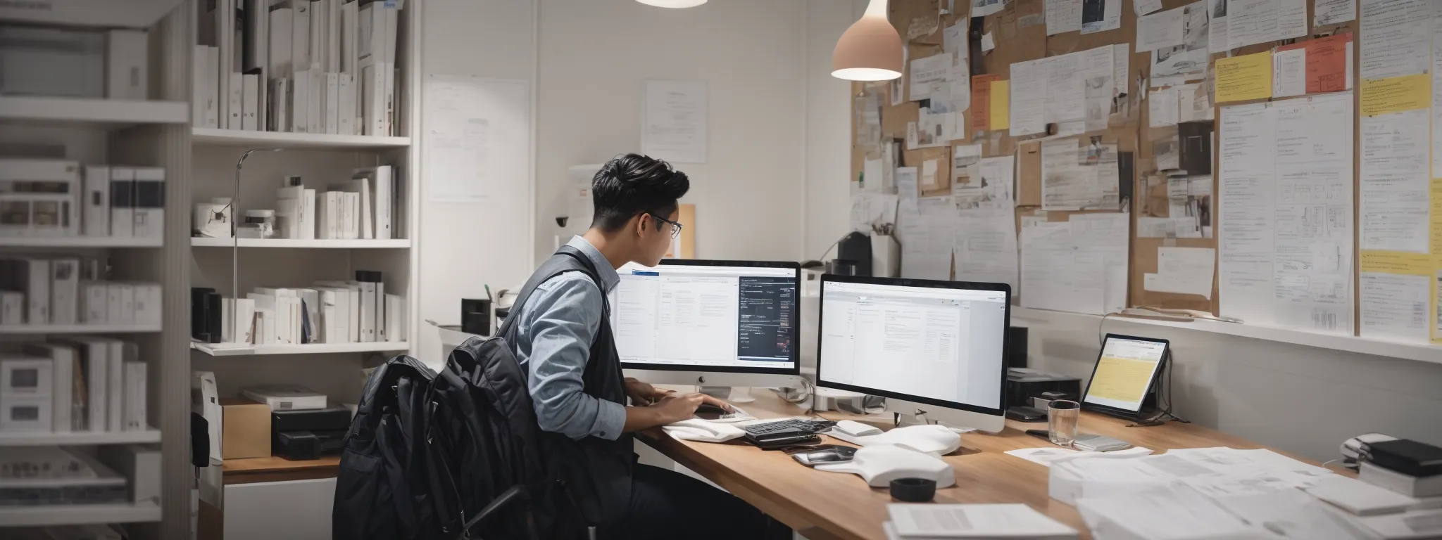 a person working at a computer in a bright office surrounded by marketing books and a whiteboard with a website structure diagram.