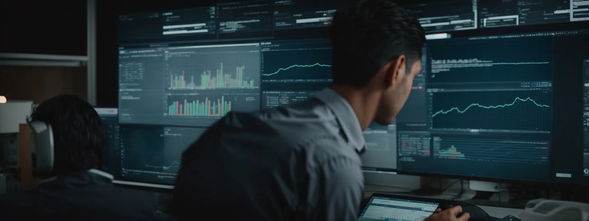 a marketer gazes intently at a computer screen showing charts and graphs that represent seo and ppc performance statistics.