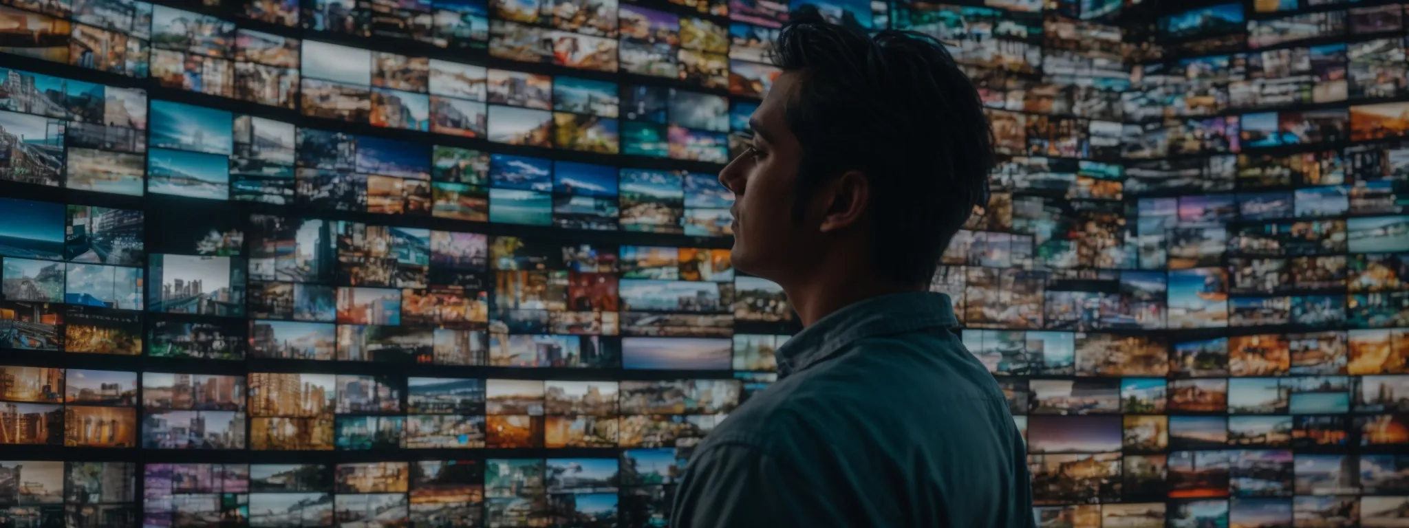 a creator intensely scrutinizes a mosaic of colorful video thumbnails displayed on a large monitor.